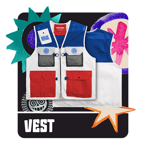 Gesrek Festival blue, white, and red vest